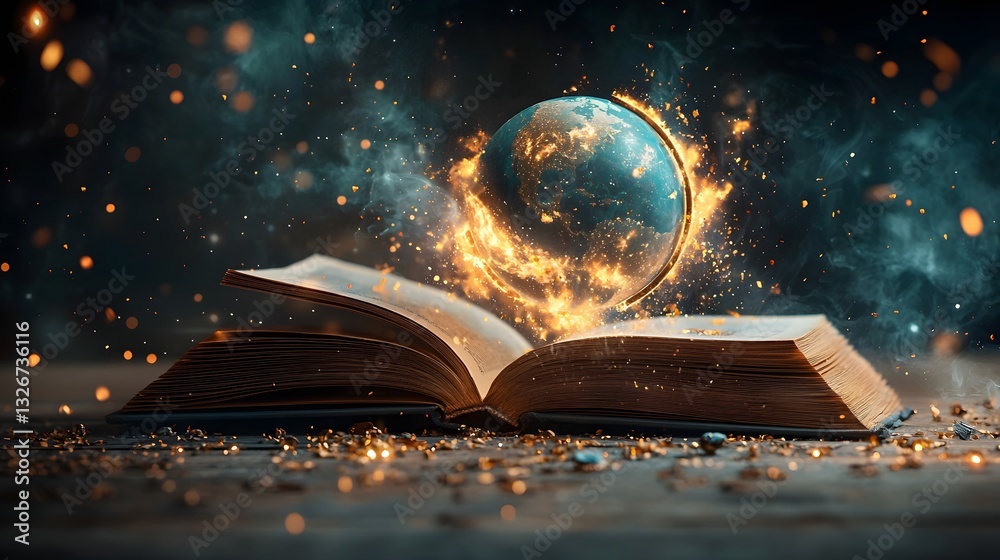 Poster holographic globe displaying continents oceans and atmospheric layers emerging from an open book rep
