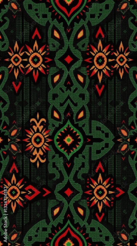Poster a seamless pattern with green, red, and orange geometric shapes. the design is intricate and vibrant