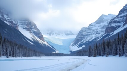 Fototapeta premium A stunning winter view of Glacier National Park with snow-covered mountains and a glacier in the background.