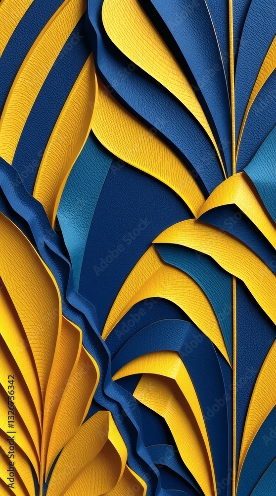 Poster an abstract close-up of a patterned design with yellow and blue elements, showcasing a modern aesthe