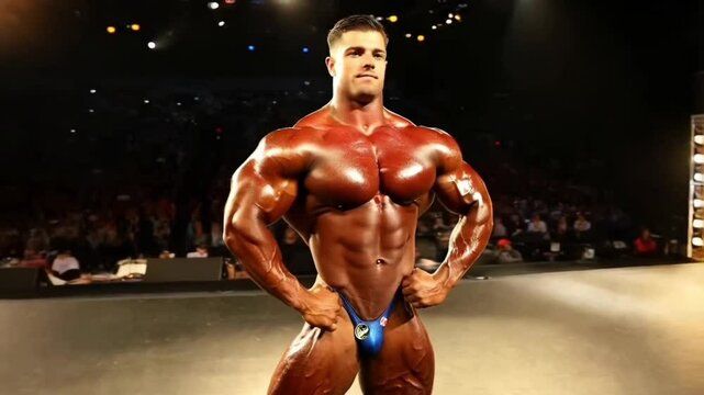 A bodybuilder poses showing off his big muscles during a competition