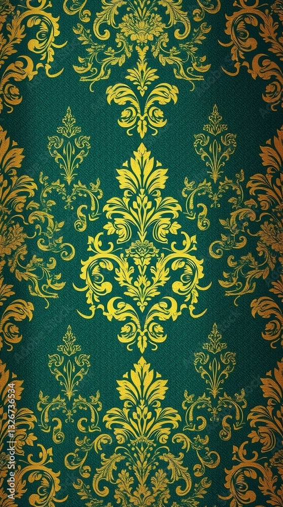 Poster a pattern wallpaper in emerald green and golden color, featuring floral and ornate design with class