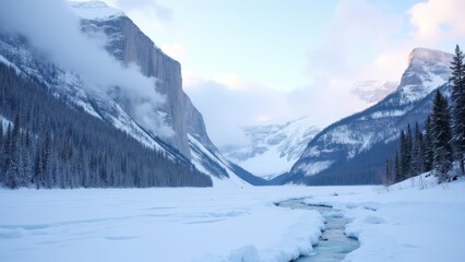 Fototapeta premium Glacier National Park winter scene with snow-covered mountains, a frozen river, and pine trees.