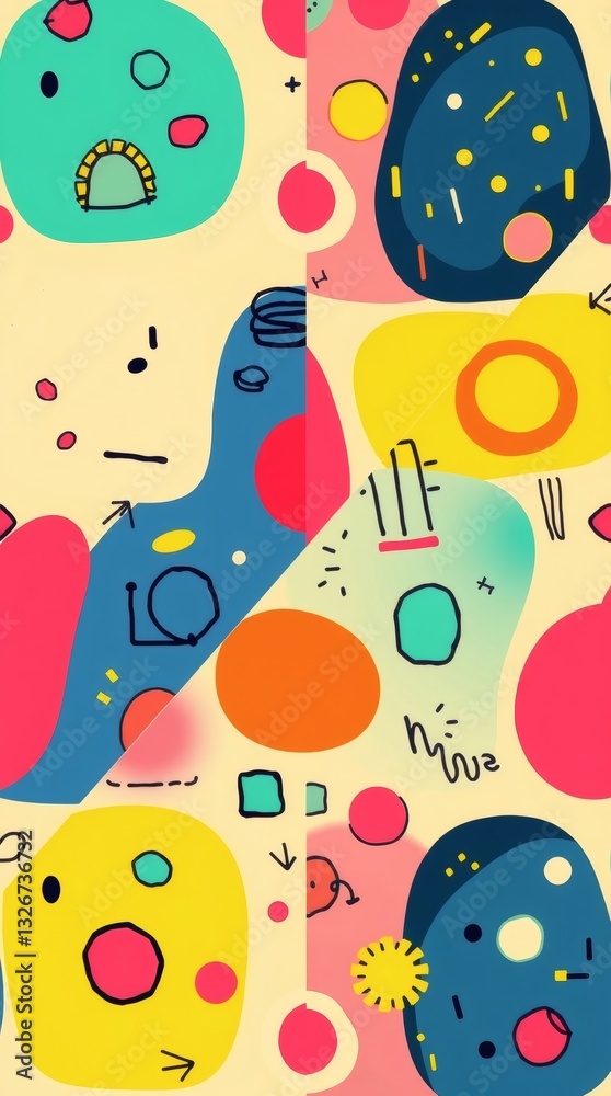 Poster an abstract colorful illustration with diverse shapes and patterns, evoking a sense of modern art and design. The composition includes various geometric shapes, such as circles, squares.