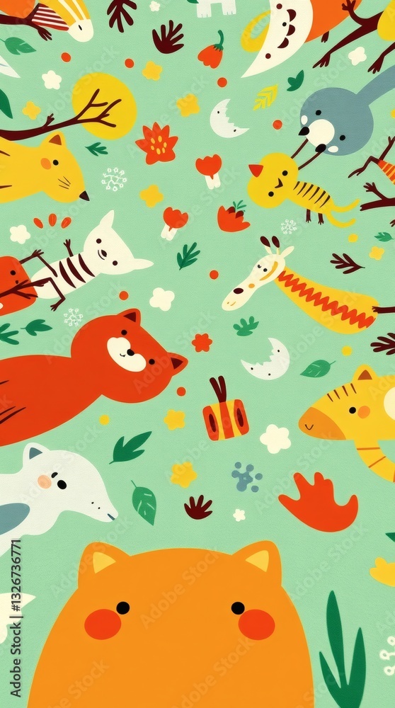 Poster whimsical illustration of various animals in a joyful composition. the colorful design includes vari