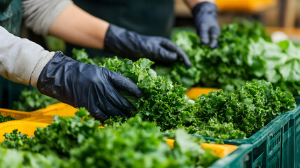 Workers wearing protective gloves are arranging freshly picked lettuce in crates, ensuring quality and freshness