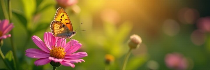 Obraz premium Delicate butterfly perched on vibrant wildflower, sunlight dappled petals , butterfly, colorful, stem