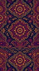 an eye-catching ornamental seamless pattern featuring intricate floral and paisley motifs in a rich color palette