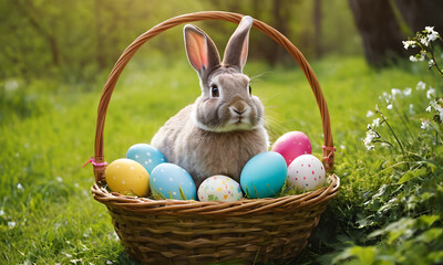 easter basket with easter eggs and bunny