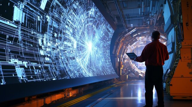 Ultra-realistic image of a physicist analyzing particle movements on a digital interface in a high-energy research laboratory
 - Powered by Adobe