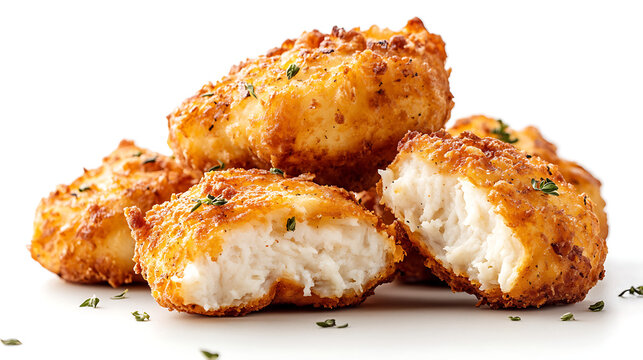 Crispy golden fish croquettes with crunchy breadcrumb coating, garnished with fresh herbs, and served on white background. flaky white fish filling is visible in broken pieces