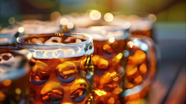 German beer in large glass mug for celebration holiday Oktoberfest, abstract vivid composition consists of background for diverse creative work