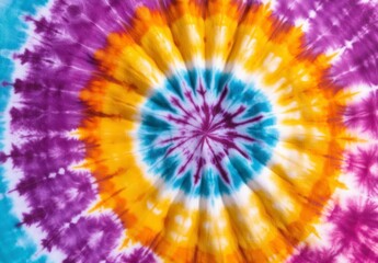 Vibrant tie dye pattern in purple, orange, and teal colors creating a circular design. Close up detailed texture shot of a tie dyed textile.