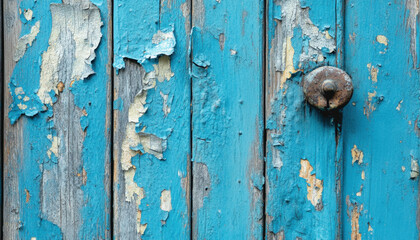 Close-up view reveals an old wooden door featuring a weathered blue surface, marked by peeling paint and a rusty knob. This door reflects a rich history of time and elements