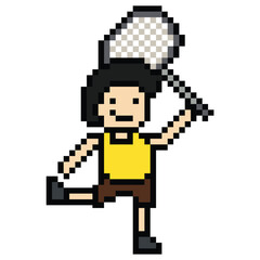 Fototapeta premium Cute cartoon pixel character cute man exercise training play badminton tennis lifestyle decoration life style 8 bit male boy game badminton 8bit fitness isolated PNG vector.