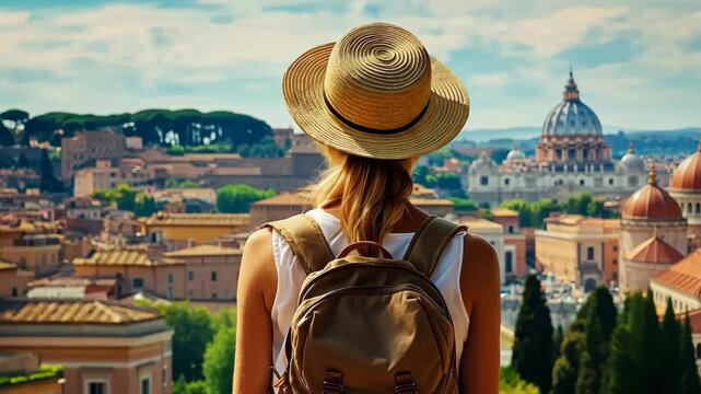 A curious traveler gazes in awe at Romes breathtaking cityscape, adorned with ancient architecture and vibrant greenery, capturing the essence of summertime adventure during a memorable trip