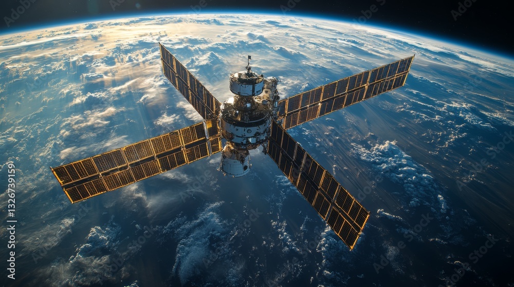 Poster a spacecraft equipped with solar panels orbits earth, capturing telemetry and imagery for monitoring