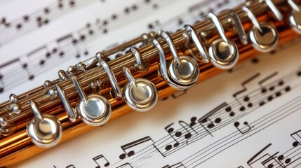 Naklejka premium Close-up view of an orange flute on sheet music with musical notes background