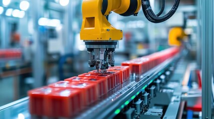 Fototapeta premium Automated robotic arm placing red products on conveyor belt in factory