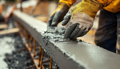 Craftsmen in protective gloves are pouring fresh cement onto a foundation at a construction site. Their precise movements ensure a smooth finish, vital for structural integrity