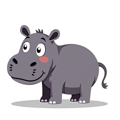Naklejka premium Grey hippopotamus cartoon character smiling, standing on transparent background, ideal for children book illustrations