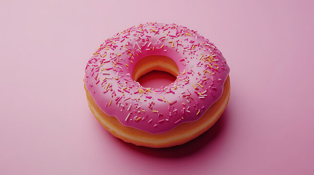 Pink frosted donut with colorful sprinkles on pastel pink background, creating sweet and appetizing visual. soft lighting enhances texture of glaze and dough