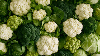 well stocked vegetable stand featuring cabbages, cauliflower, and broccoli, showcasing variety of fresh, green produce. vibrant colors and textures highlight freshness of vegetables