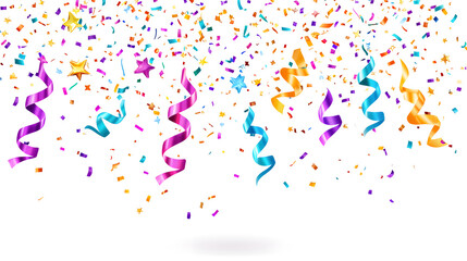 Colorful ribbons and confetti create festive celebration atmosphere with vibrant stars and streamers