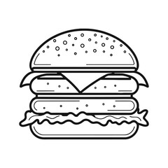 A black and white illustration of a classic cheeseburger with two patties, lettuce, and tomato slices on a bun. The burger has a sesame seed bun and is topped with melted cheese and a slice of tomato.