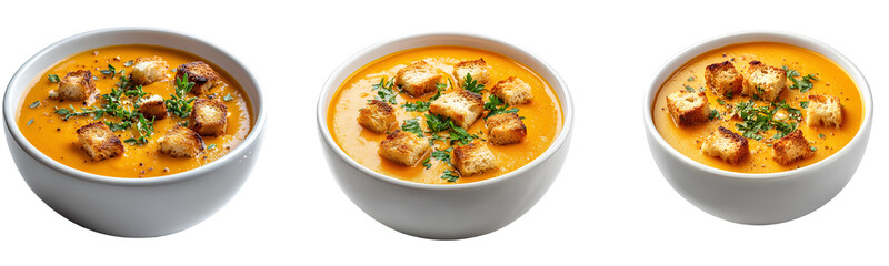  Seasonal traditions! The photo shows a bowl of orange soup with croutons and herbs on top, set against a transparent  background