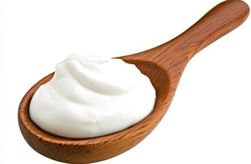 Close up of a spoonful of creamy white yogurt or sour cream. The wooden spoon is light brown, and the dairy product is smooth and textured. The background is plain white.