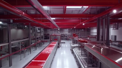 Obraz premium Large-scale industrial meat factory with high-speed processing machines and conveyor belts