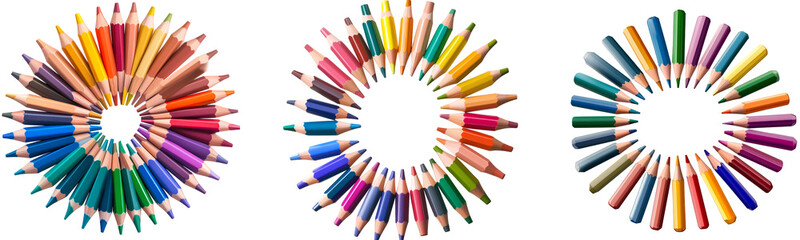 Fototapeta premium Colorful pencils arranged in an intricate pattern, isolated on a transparent background