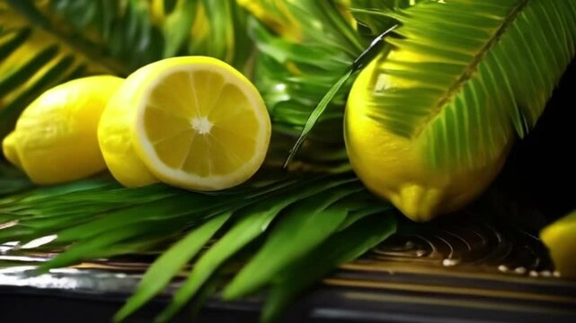 Lemon with leaves for celebration holiday sukkot, abstract vivid composition consists of background