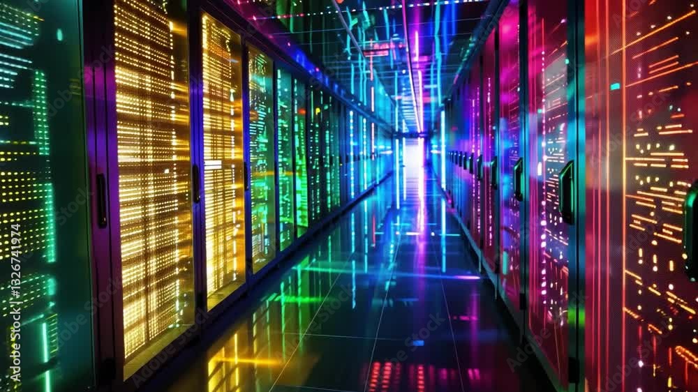 Poster futuristic data center hallway with colorful led lights reflecting off server racks and glossy floor