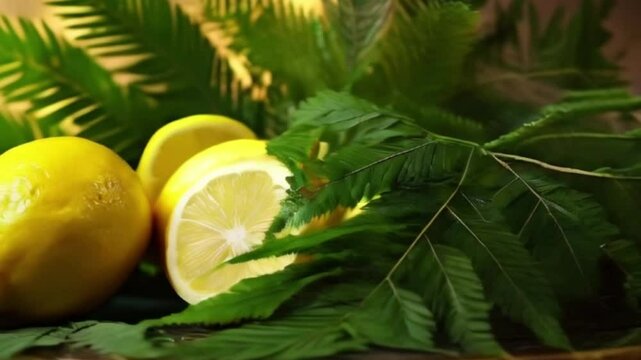 Lemon with leaves for celebration holiday sukkot, abstract vivid composition consists of background