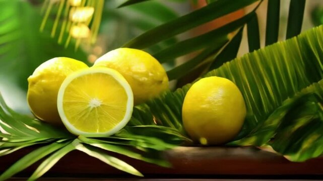 Lemon with leaves for celebration holiday sukkot, abstract vivid composition consists of background