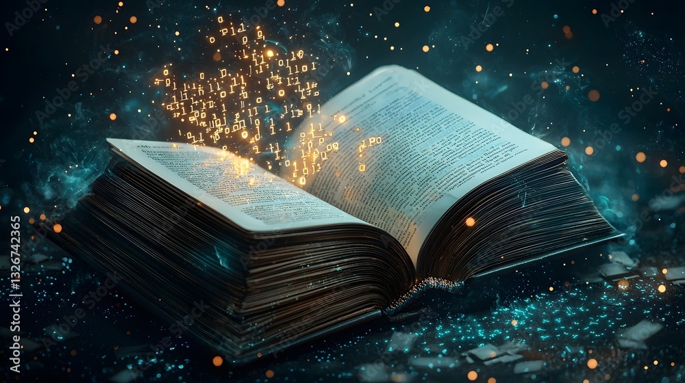 Poster floating encrypted codes and mysterious symbols above the pages of an open book representing the con