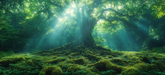 Obraz premium Lush Green Rainforest with Ancient Tree Trunk in Mystic Ambiance