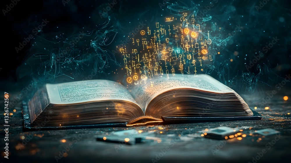 Poster glowing encrypted codes and mysterious symbols floating above the open pages of a book representing 