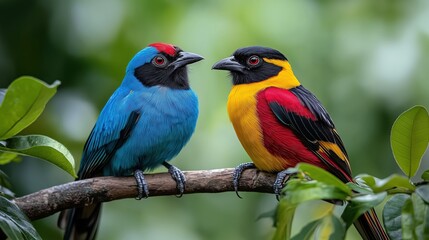 Fototapeta premium Two colorful birds sitting on leaves, one blue bird and the other red, black, and yellow in color, on a branch, with a green background