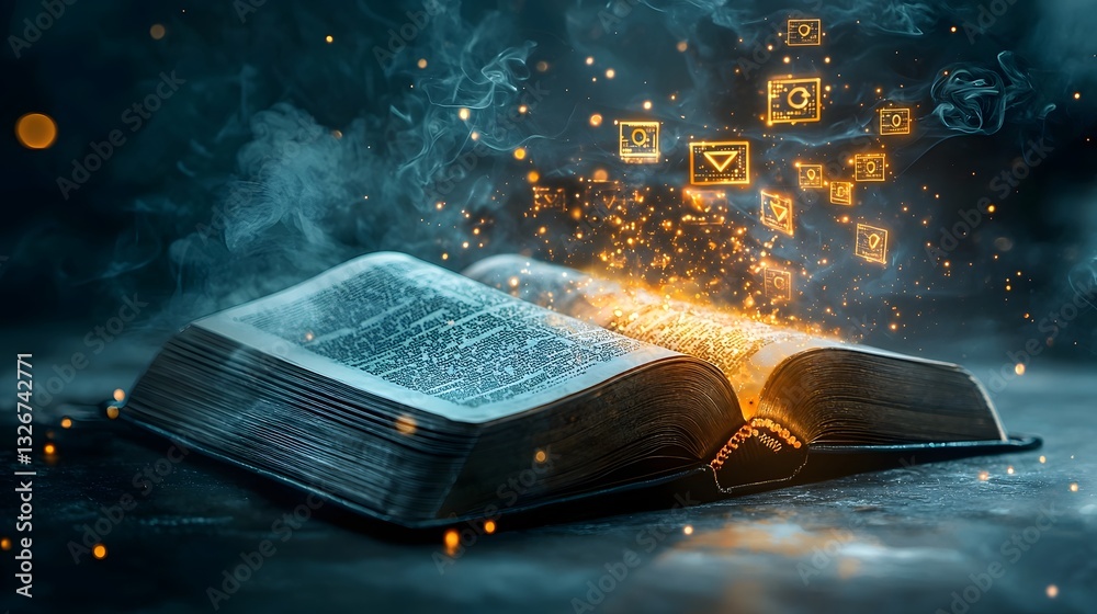 Poster an open book with glowing encrypted codes and mysterious symbols floating above its pages representi