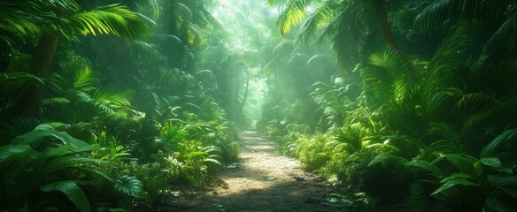 Obraz premium Tropical Rainforest Landscape with Lush Green Foliage and Winding Path in Central America