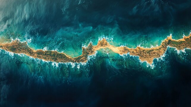 Satellite technology captures detailed views of a unique coastal landform surrounded by vibrant ocean waters. - Powered by Adobe