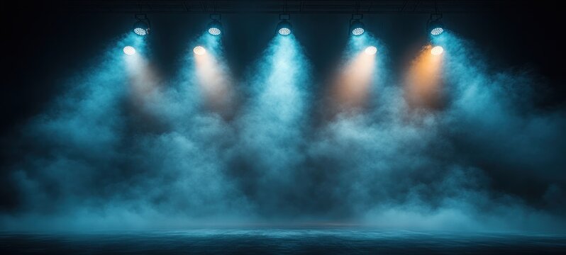 Race Finish Line on Asphalt with Dark Blue Spotlights and Mist in Dramatic Night Scene