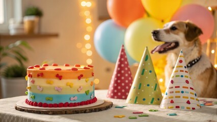 Dog with party hat next to colorful birthday cake and balloons
