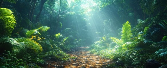 Lush Rainforest Pathway with Dense Foliage and Atmospheric Mist in Central America