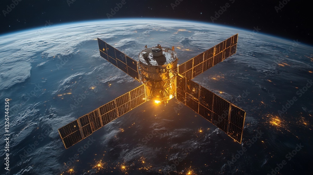 Aufkleber a satellite orbits earth, equipped with solar panels collecting energy. it transmits telemetry signa