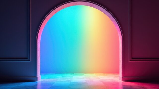 A keystone arch with a vibrant gradient of colors from blue to red illuminating the space beyond.