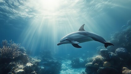 Obraz premium dolphin underwater in the rays of light